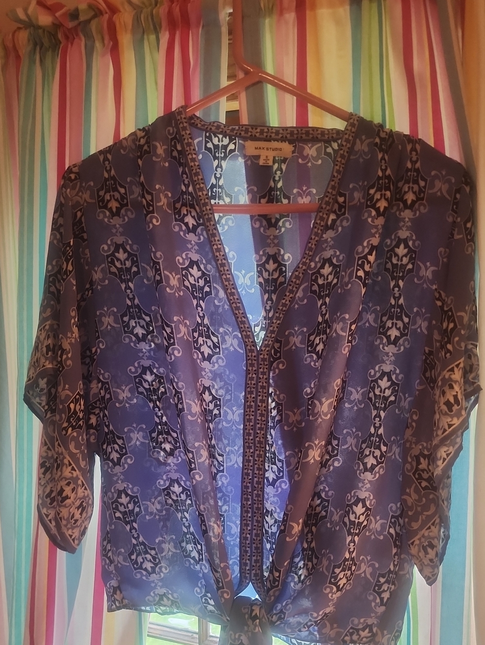 Max Studio Purple Printed Tie-Front V-Neck Blouse